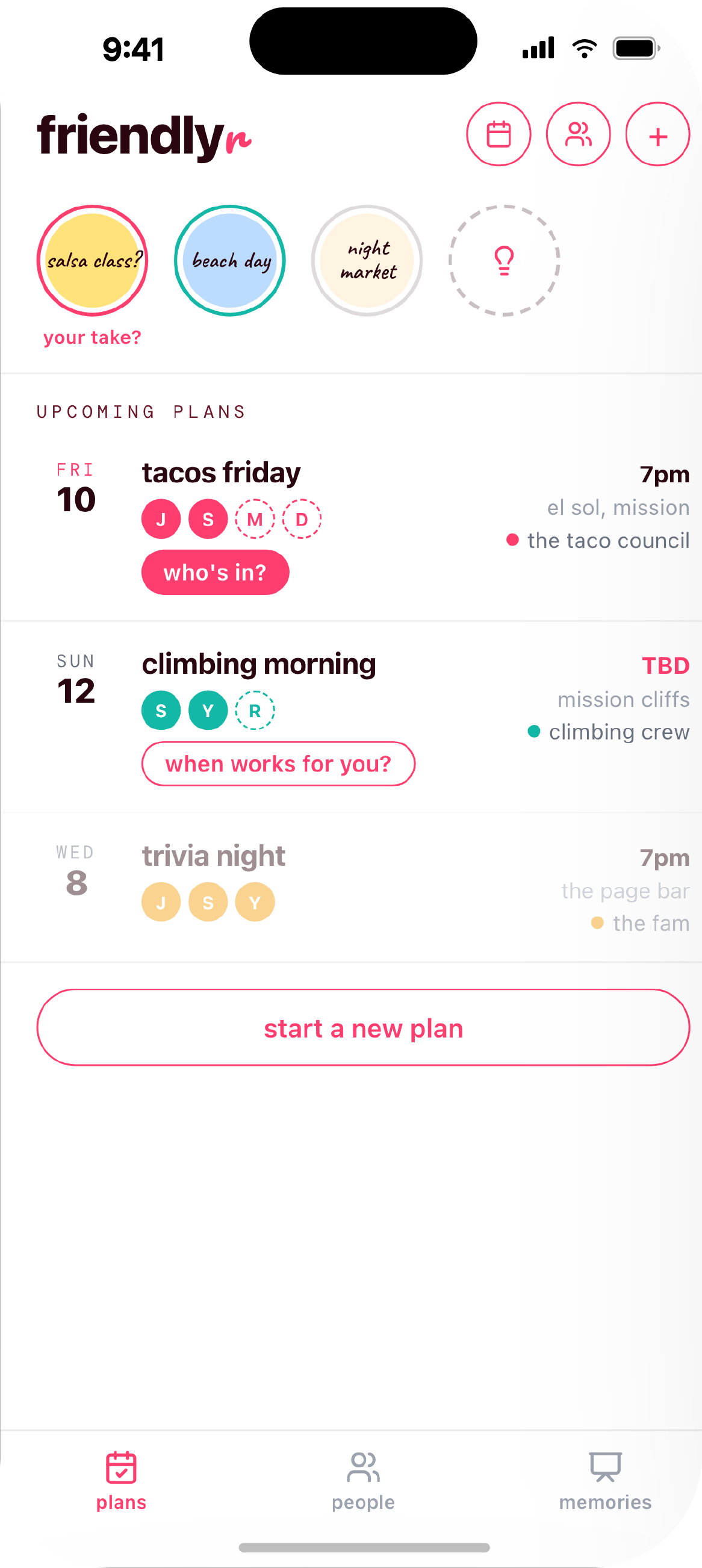 Friendlyr Turn 9 home screen showing ideas and upcoming plans