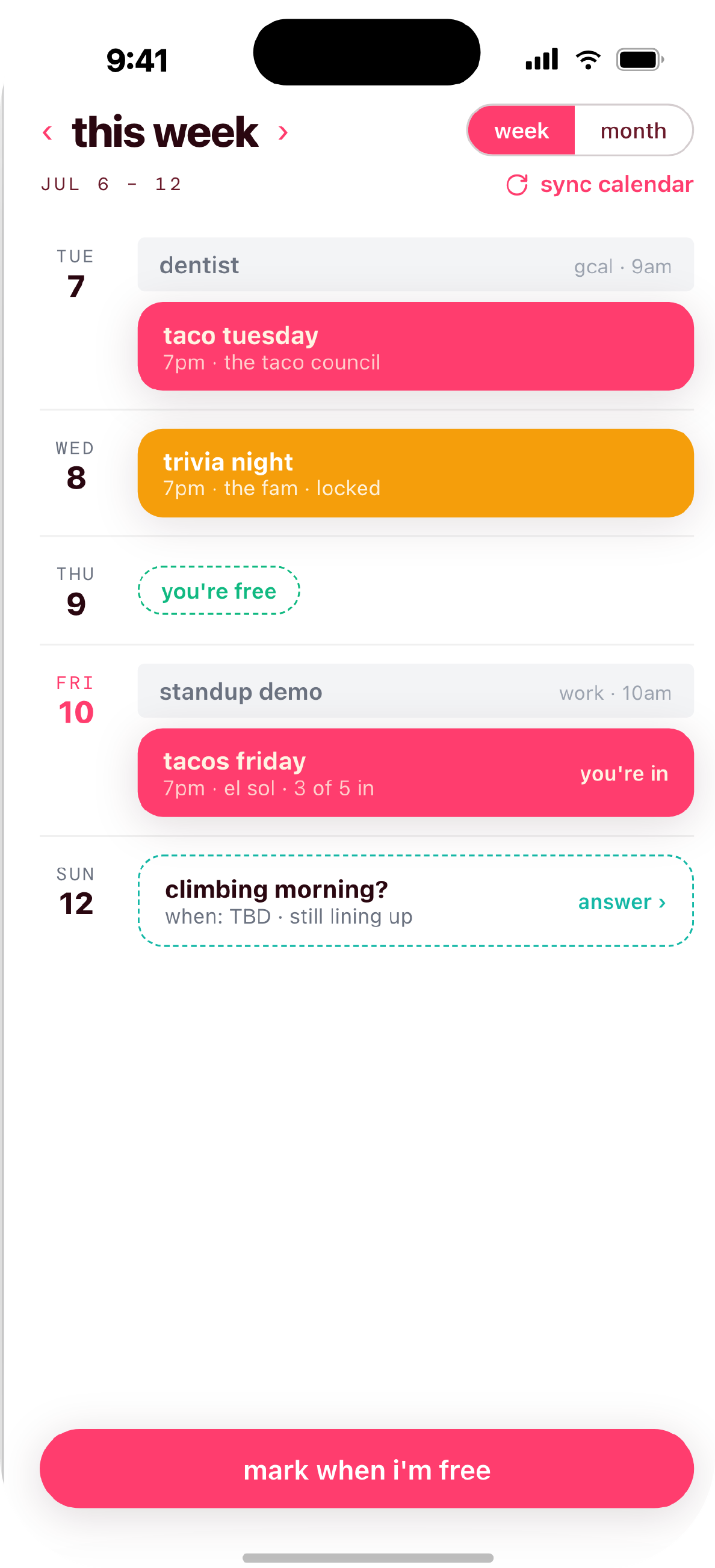 Friendlyr Turn 9 calendar screen showing the week, synced events, and group plans